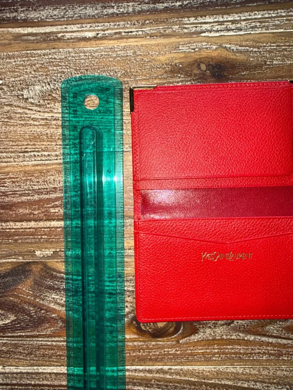 Yves Saint Laurent Red Leather Card Holder with Gold Corner Accents